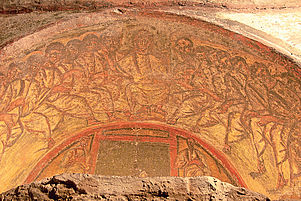 Berufung als Anfang der Nachfolge: Jesus und die Zwölf Apostel (antikes Fresko in den Domitilla-Katakomben in Rom). Foto: wiki