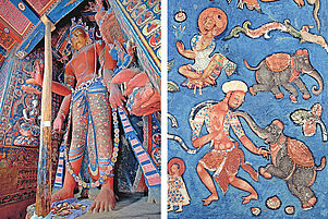 Seine prachtvollen, gut erhaltenen Wandmalereien und der interessante Aufbau machen den Sumtsek wohl zu dem wichtigsten Gebäude der Anlage. Hier befinden sich drei riesige Statuen, eine davon ist Maitreya (links). Sie misst 4,60 Meter. Und tanzende Elefanten gibt es auch (rechts).
