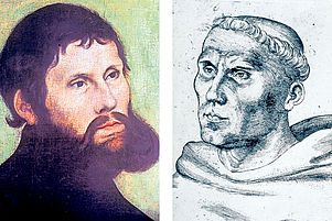 Auch Martin Luther gibt es mit und ohne: einmal mit Bart als Junker Jörg (1521), einmal mit ­rasiertem Kinn und Tonsur (1517), beide Male nach Bildern von Lucas Cranach dem Älteren.  Fotos: Wikimedia Public Domain