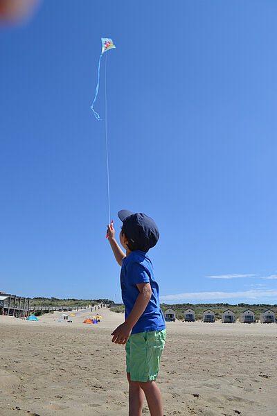 Davids Drachen steht hoch über dem Strand in Holland.