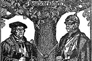 Kämpfer: Luther als „deutsche Eiche“ mit Bismarck auf einer Feldpostkarte, um 1917.