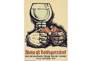Das erste Werbeplakat zum „Fest der deutschen Traube und des Weines“ 1935 atmet christliche Ikonografie. Foto: Sammlung Christof Krieger